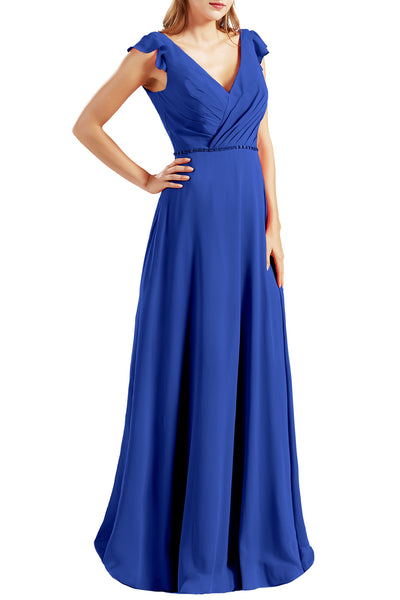 MACloth Women Cap Sleeves V Neck Chiffon Long Bridesmaid Dresses Evening Gown