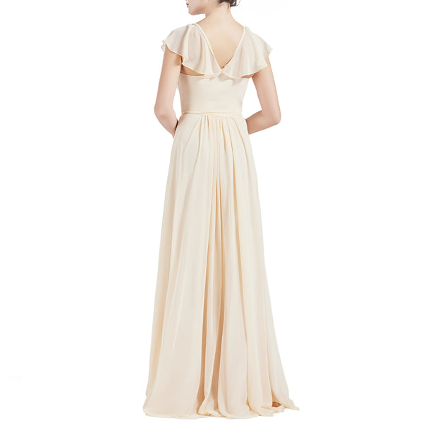 MACloth Women V Neck Ruffle Cap Sleeves Long Bridesmaid Dresses