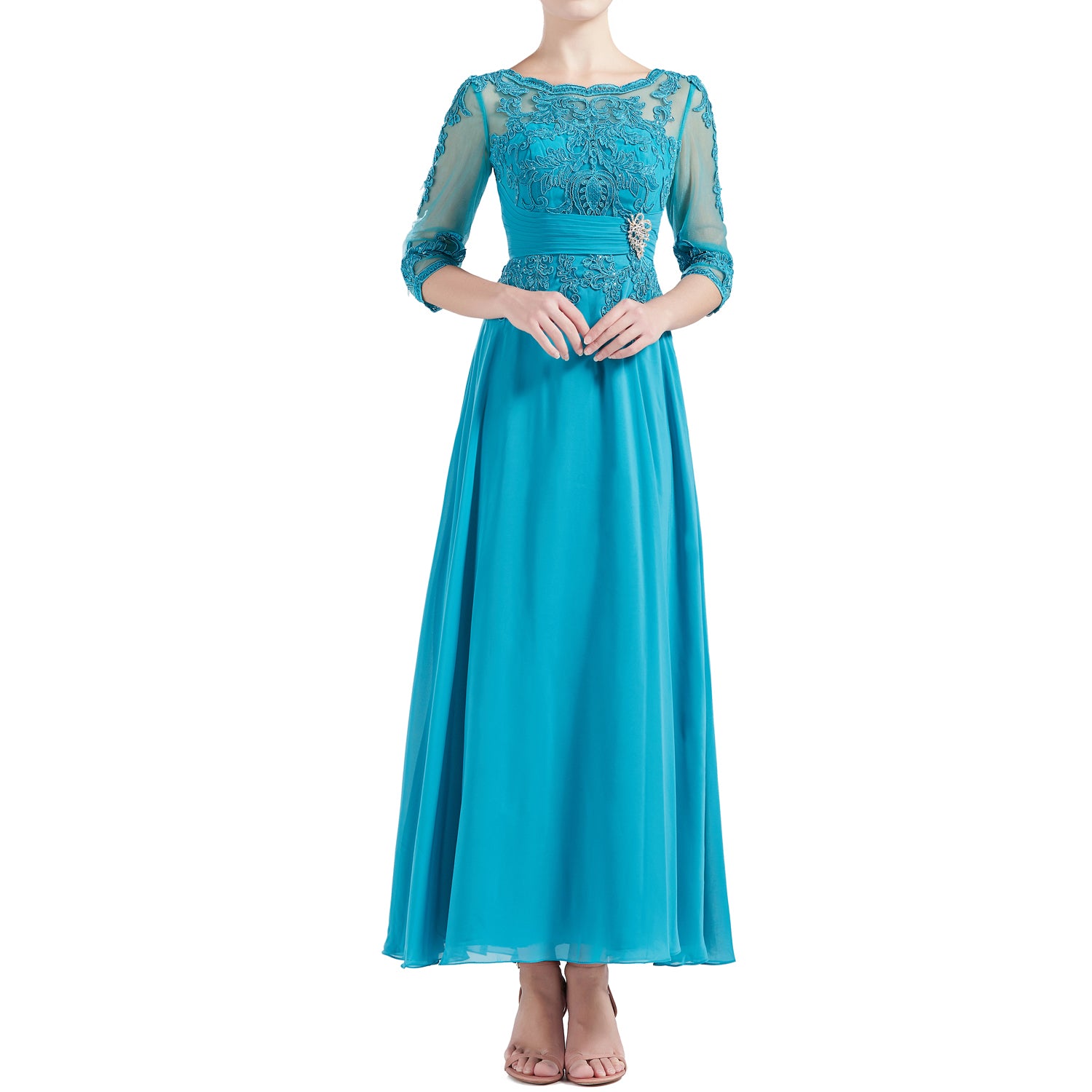 Macloth Women Tea Length 3/4 Sleeve Boat Neck Mother Bride Dresses Bridal Party Dusty Rose / Standard Size