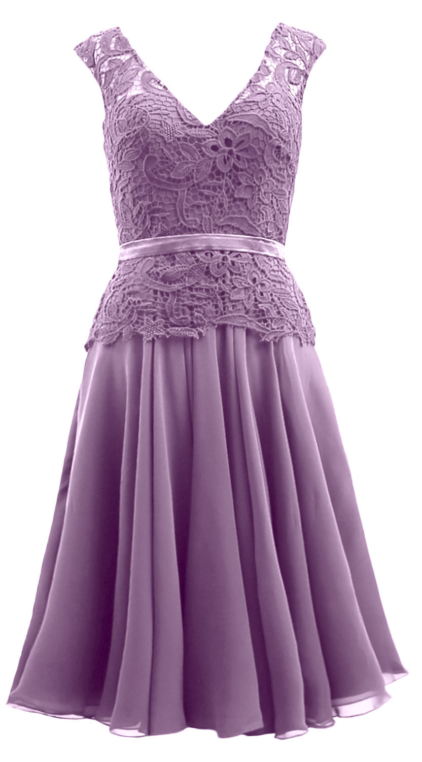 MACloth Women V Neck Lace Chiffon Party Formal Gown Midi Mother of Bride Dress