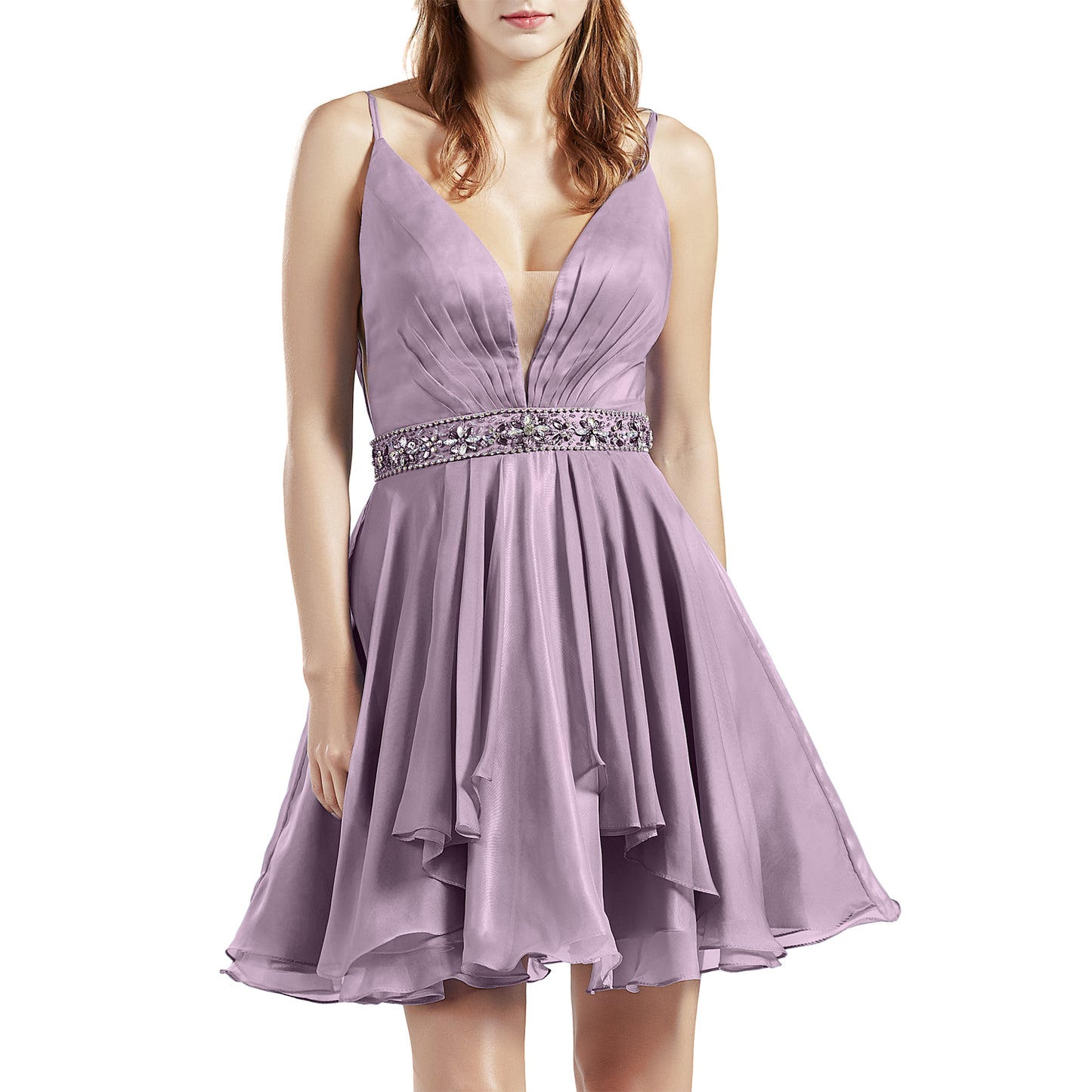 MACloth Women Short V Neck Beading Chiffon Cute Prom Homecoming Dresses Cocktail