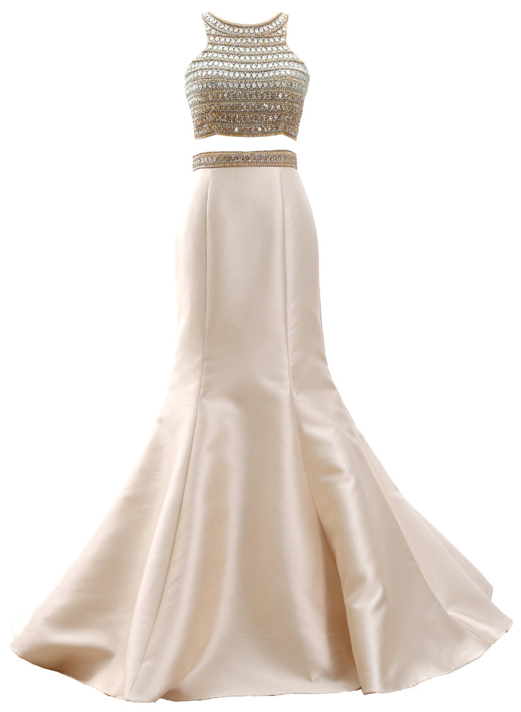 MACloth Women Mermaid Two Piece Formal Evening Gown Beaded Satin Prom Dress
