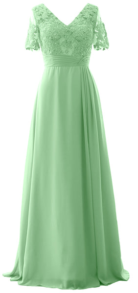 MACloth Women V Neck Long Mother of Bride Dresss Lace Evening Gown Short Sleeves