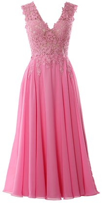 MACloth Women V Neck Lace Mother Bride Dresses Midi Tea Length Wedding Dinner