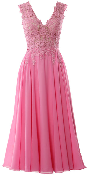 MACloth Women V Neck Lace Mother Bride Dresses Midi Tea Length Wedding Dinner