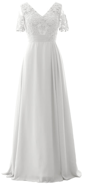 MACloth Women V Neck Long Mother of Bride Dresss Lace Evening Gown Short Sleeves