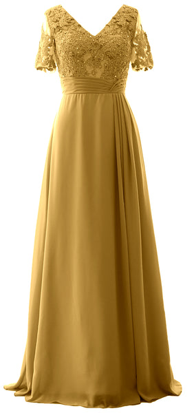 MACloth Women V Neck Long Mother of Bride Dresss Lace Evening Gown Short Sleeves