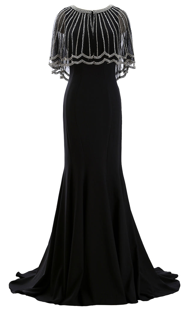 MACloth Women Beaded Mother of the Bride Dress with Sheer Cape Evening Gown