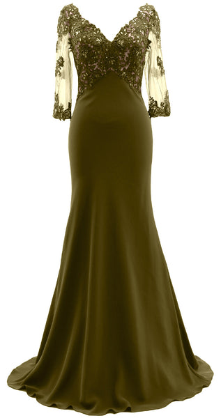 MACloth 3/4 Sleeves Illusion Lace Evening Gown V Neck Mother of the Bride Dress