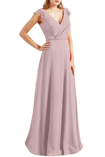 MACloth Women Cap Sleeves V Neck Chiffon Long Bridesmaid Dresses Evening Gown
