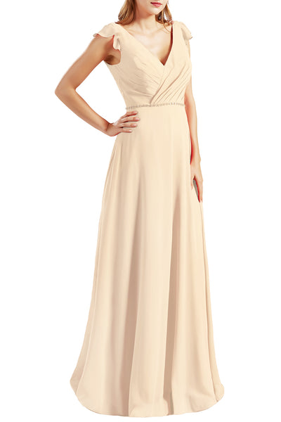 MACloth Women Cap Sleeves V Neck Chiffon Long Bridesmaid Dresses Evening Gown