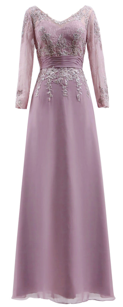MACloth Mother of Bride Dresses Long Sleeves V Neck Lace Formal Evening Gown
