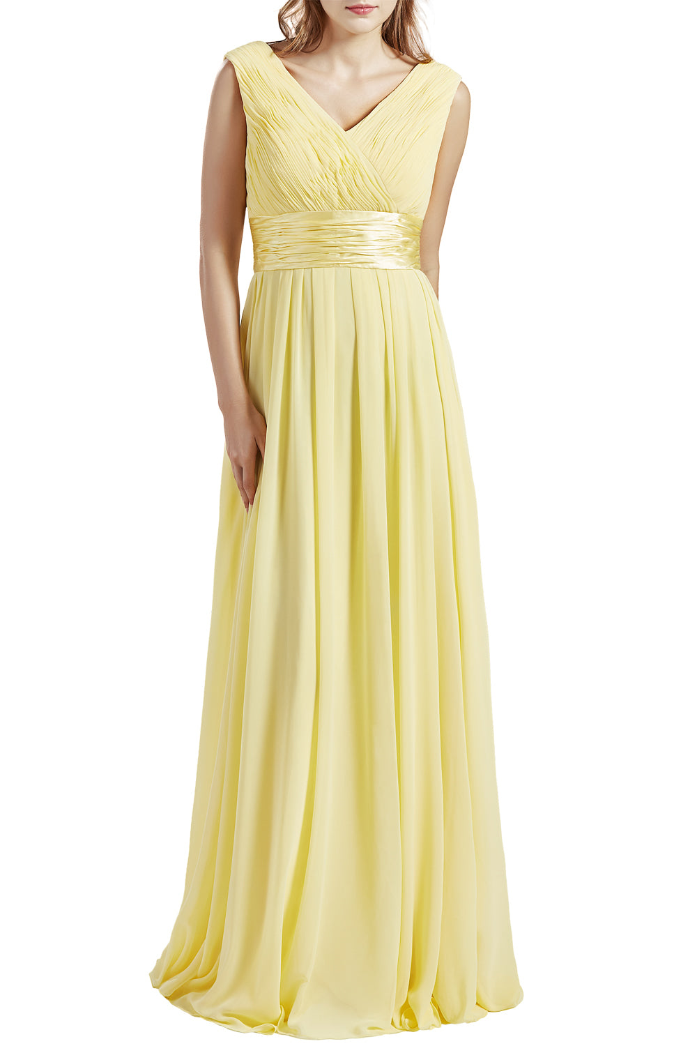 MACloth Women Long V Neck Rucked Chiffon Wedding Bridesmaid Dresses BD Yellow / Standard size