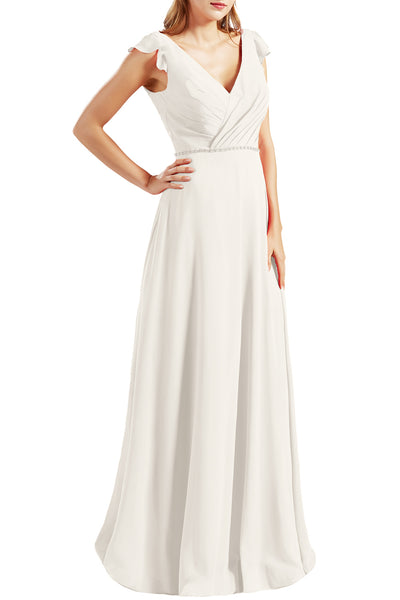 MACloth Women Cap Sleeves V Neck Chiffon Long Bridesmaid Dresses Evening Gown