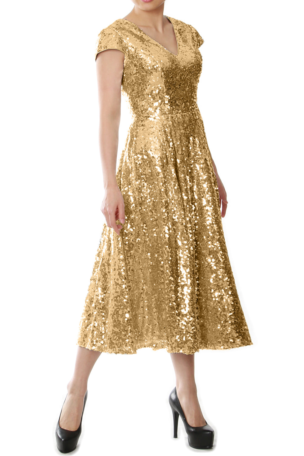 MACloth Damen Midi-Kleid für die Brautmutter, Pailletten, Flügelärmel, für Hochzeit, Party