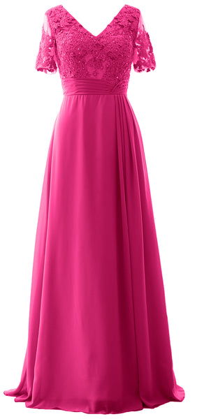 MACloth Women V Neck Long Mother of Bride Dresss Lace Evening Gown Short Sleeves