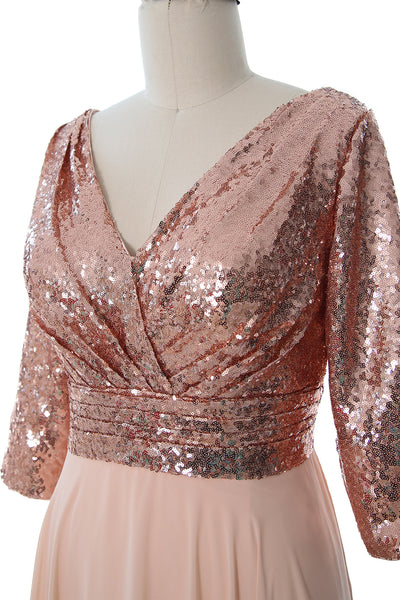 MACloth Women Long Sleeve V Neck Long Sequin Mother of Bride Dresses Maxi Gown