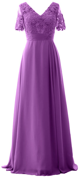 MACloth Women V Neck Long Mother of Bride Dresss Lace Evening Gown Short Sleeves