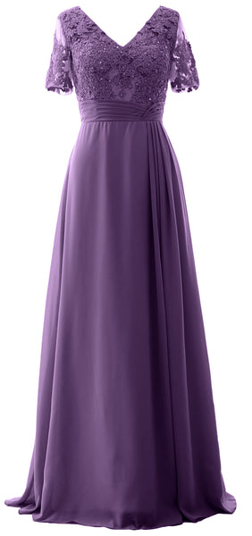 MACloth Women V Neck Long Mother of Bride Dresss Lace Evening Gown Short Sleeves