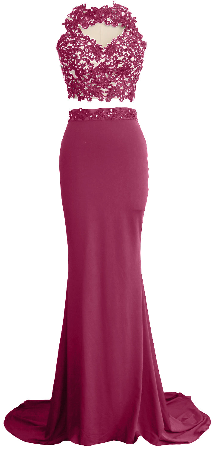 MACloth Damen Meerjungfrau 2-teiliges langes Ballkleid aus Spitze und Jersey, Abendkleid