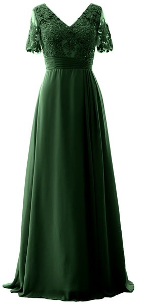 MACloth Women V Neck Long Mother of Bride Dresss Lace Evening Gown Short Sleeves