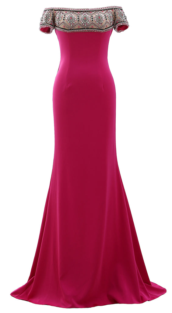MACloth Women Off the Shoulder Beaded Prom Dress Sheath Formal Evening Gown
