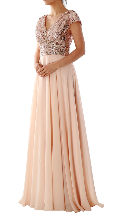 Cap Sleeves V Neck Sequin Chiffon Rose Gold Bridesmaid Dress