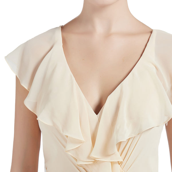 MACloth Women V Neck Ruffle Cap Sleeves Long Bridesmaid Dresses