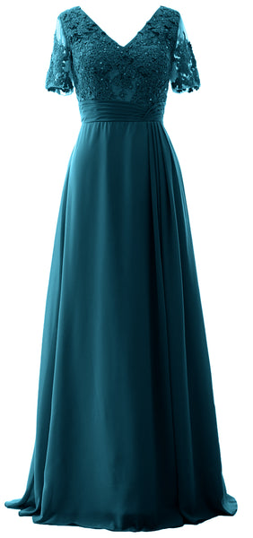 MACloth Women V Neck Long Mother of Bride Dresss Lace Evening Gown Short Sleeves