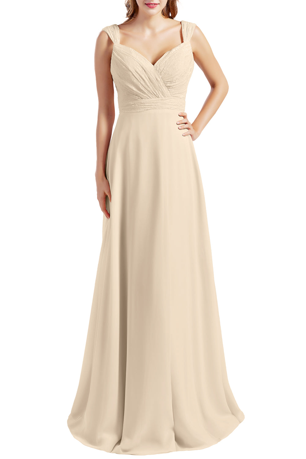 MACloth Women Lace Bodice Chiffon Long Bridesmaid Dresses Formal Evening Gown