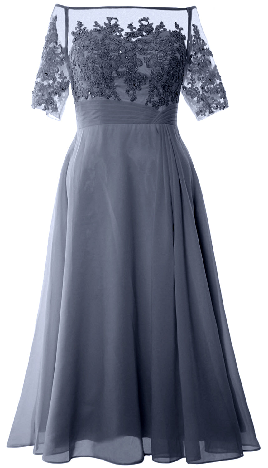 Vestidos de madre de la novia de MACloth, mangas cortas, midi, hombros descubiertos, semi formales