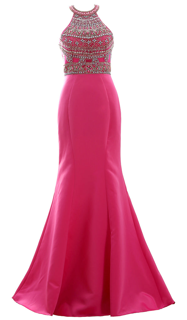 MACloth Women Halter Beaded Open Back Formal Evening Gown Satin Long Prom Dress
