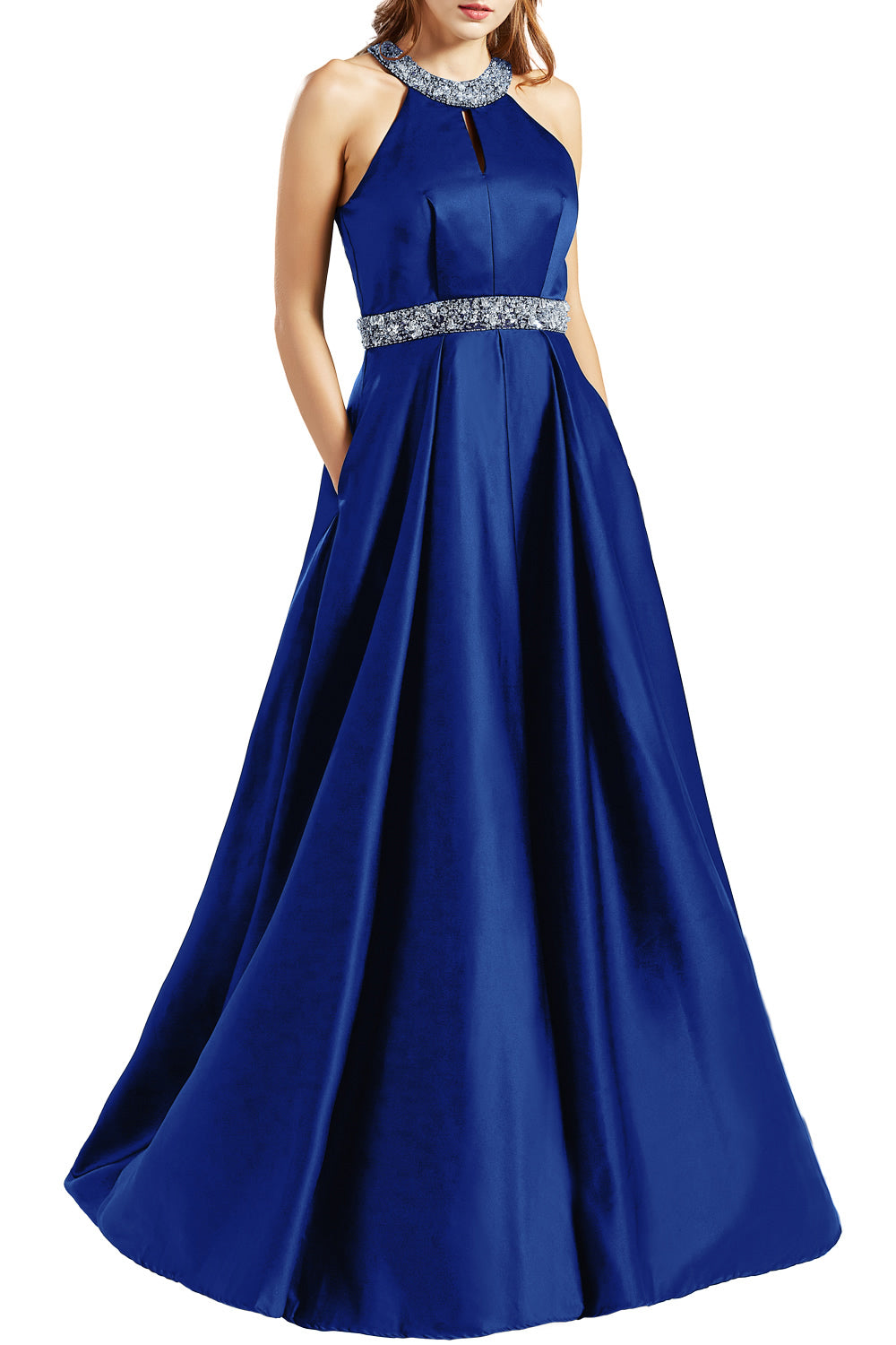 MACloth Vestidos de fiesta de satén para mujer con bolsillos, vestido de noche formal largo con cuello halter