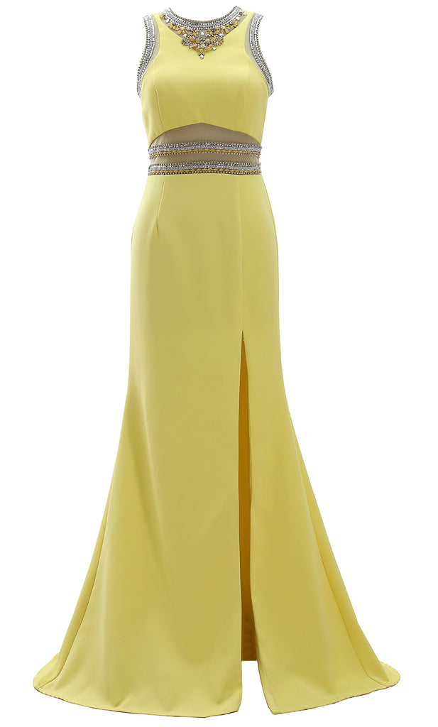 MACloth Women Scoop Neck Formal Evening Gown Beaded Long Prom Dress with Slit