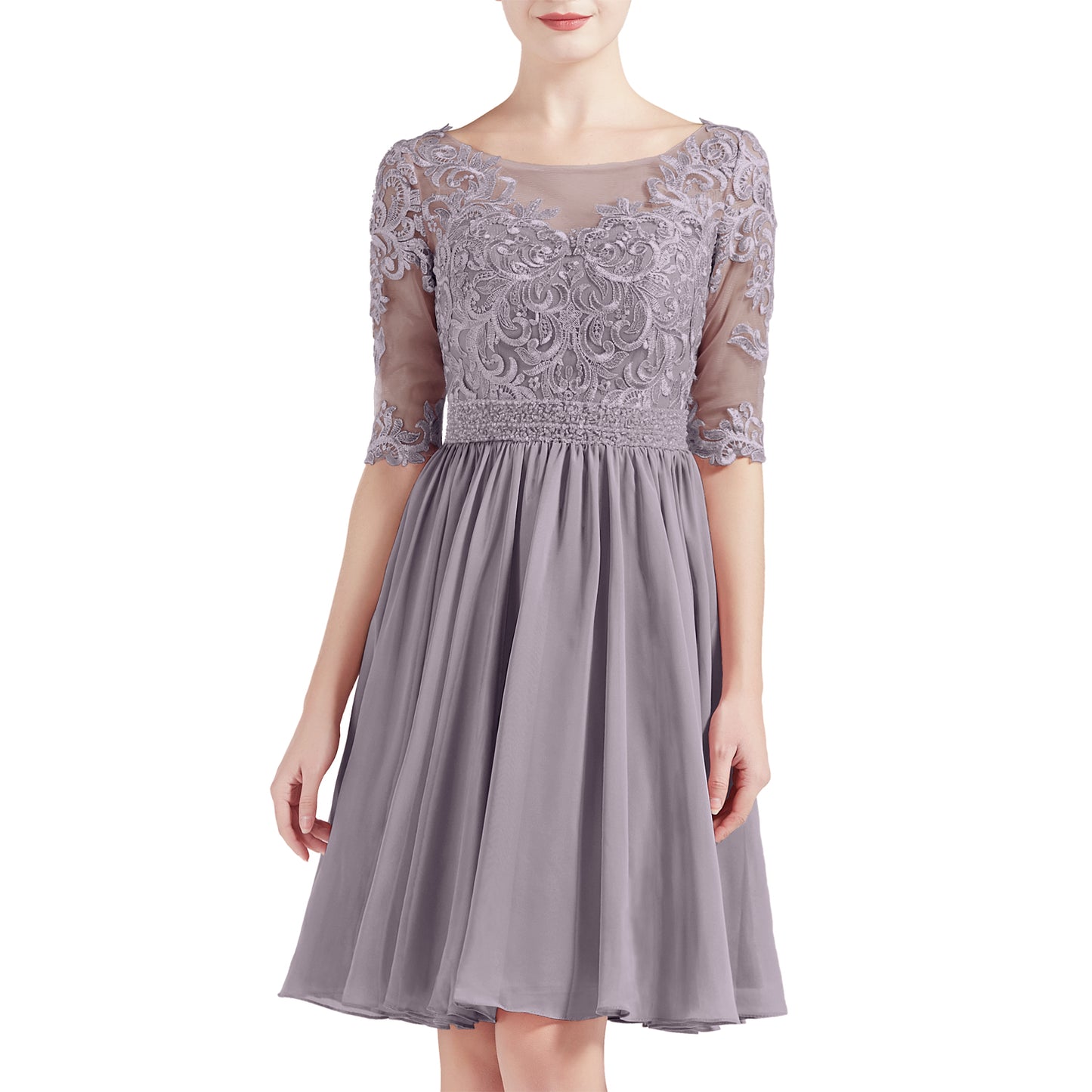 MACloth Women Half Sleeves Short Lace Beading Boat Neckline Mother of Bride Dresses Wedding Bridal Party