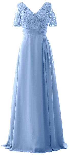 MACloth Women V Neck Long Mother of Bride Dresss Lace Evening Gown Short Sleeves