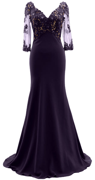 MACloth 3/4 Sleeves Illusion Lace Evening Gown V Neck Mother of the Bride Dress