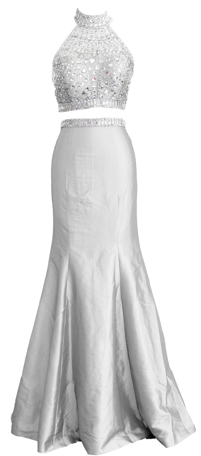 MACloth Damen Meerjungfrau Zweiteiliges Ballkleid mit hohem Halsausschnitt aus Taft, lang, formelles Kleid