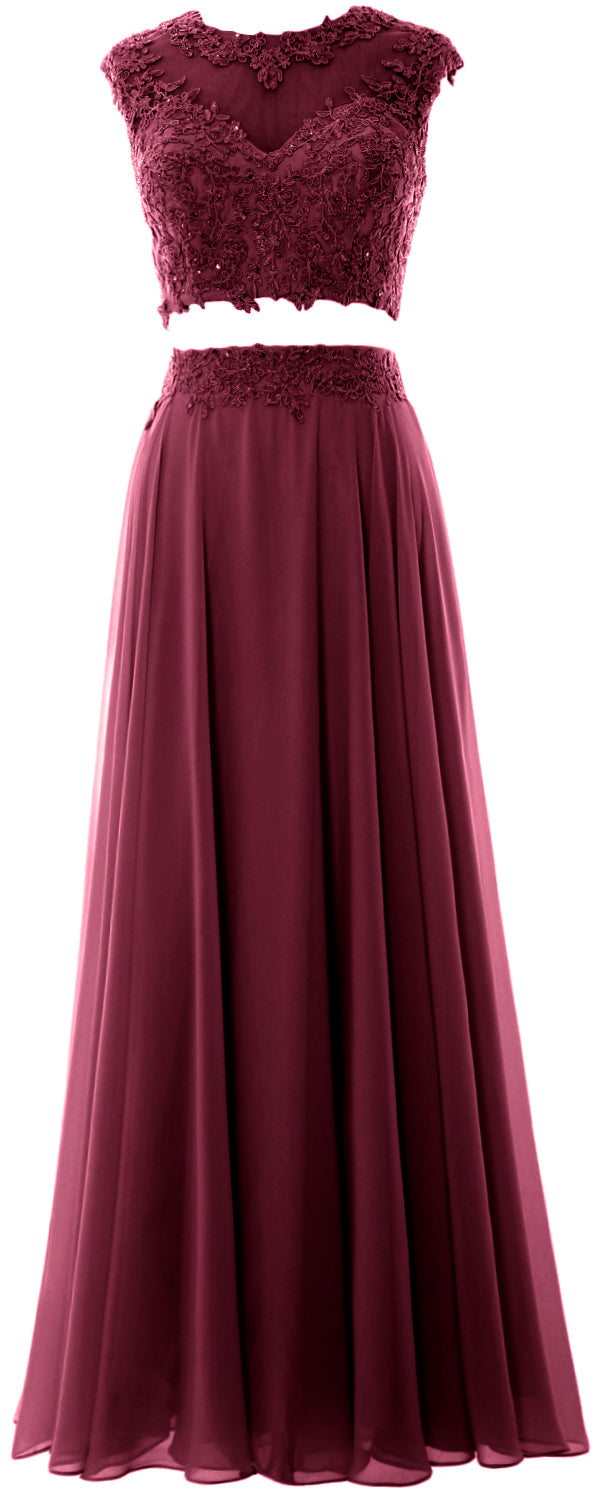 MACloth Vestido largo de fiesta de 2 piezas para mujer, de gasa con encaje, vestido formal de noche para fiesta