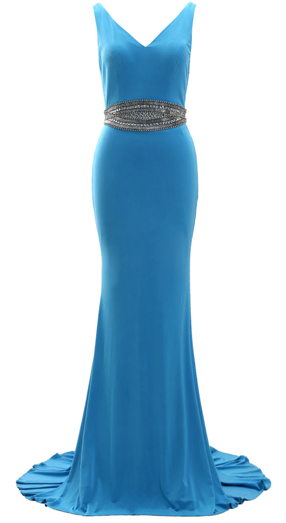 MACloth Women Straps V Neck Jersey Formal Evening Gown Beaded Long Prom Dress