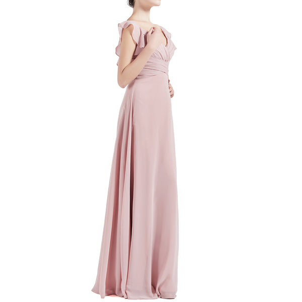 MACloth Women V Neck Ruffle Cap Sleeve Empire Waist Long Bridesmaid Dresses