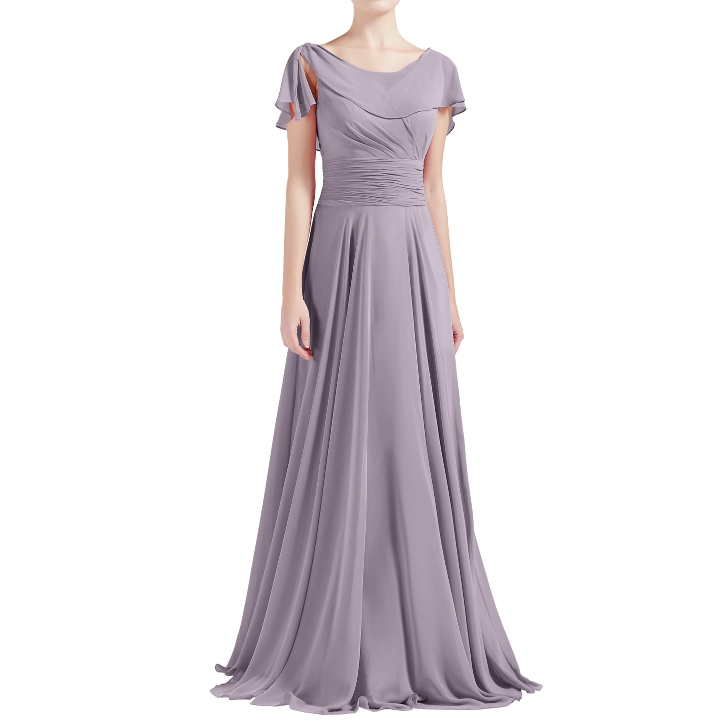 MACloth Damen O-Ausschnitt Rüschen Kurze Ärmel A-Linie Maxikleid Hochzeit Brautjungfernkleid