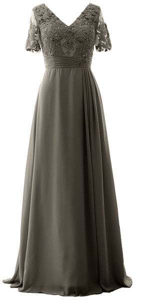 MACloth Women V Neck Long Mother of Bride Dresss Lace Evening Gown Short Sleeves