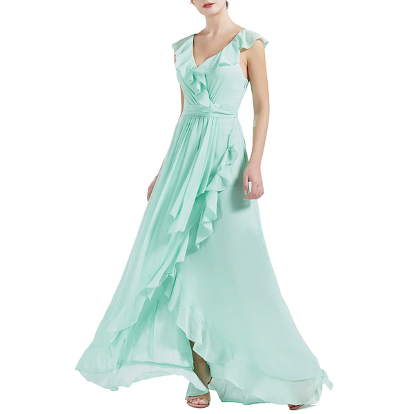 MACloth Women V Neck Ruffle Cap Sleeve Hi-Lo Long Wedding Bridesmaid Dresses