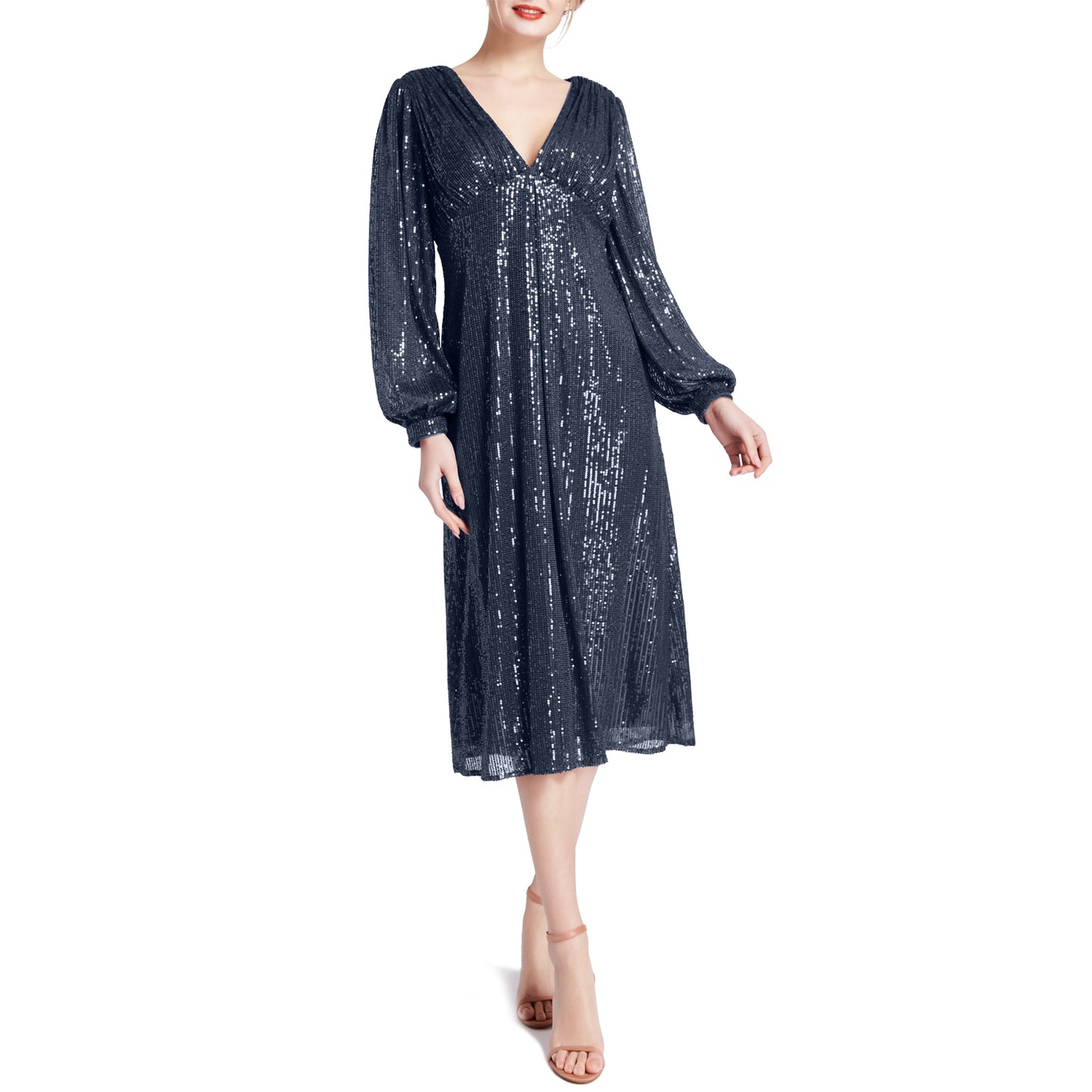 MACloth Women Tea Length Long Puff Sleeve Empire Sequin Cocktail Party Dresses