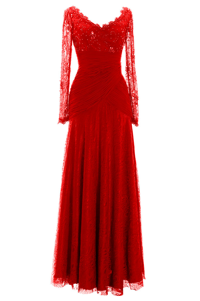 MACloth Women Long Sleeve V Neck Bead Mother of Bride Formal Dress Evening Gown