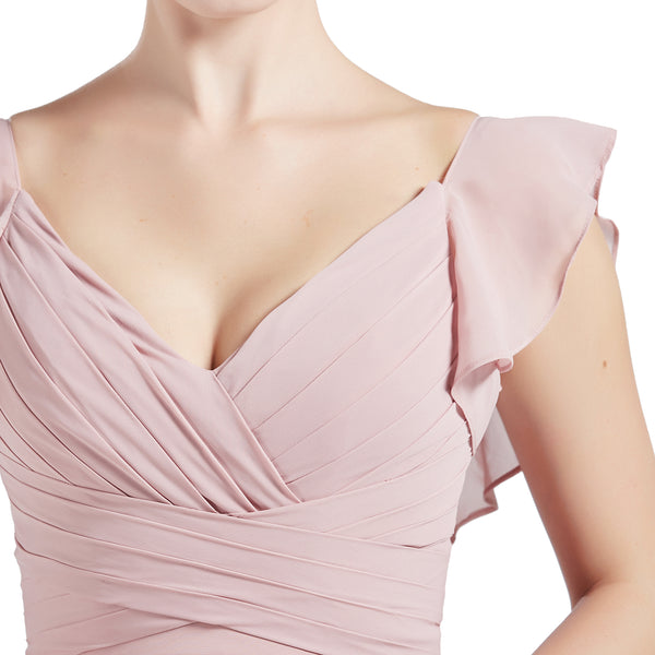 MACloth Women V Neck Ruffle Cap Sleeve Empire Waist Long Bridesmaid Dresses