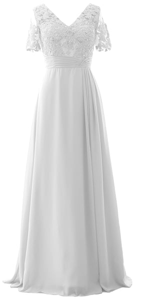 MACloth Women V Neck Long Mother of Bride Dresss Lace Evening Gown Short Sleeves