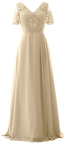 MACloth Women V Neck Long Mother of Bride Dresss Lace Evening Gown Short Sleeves
