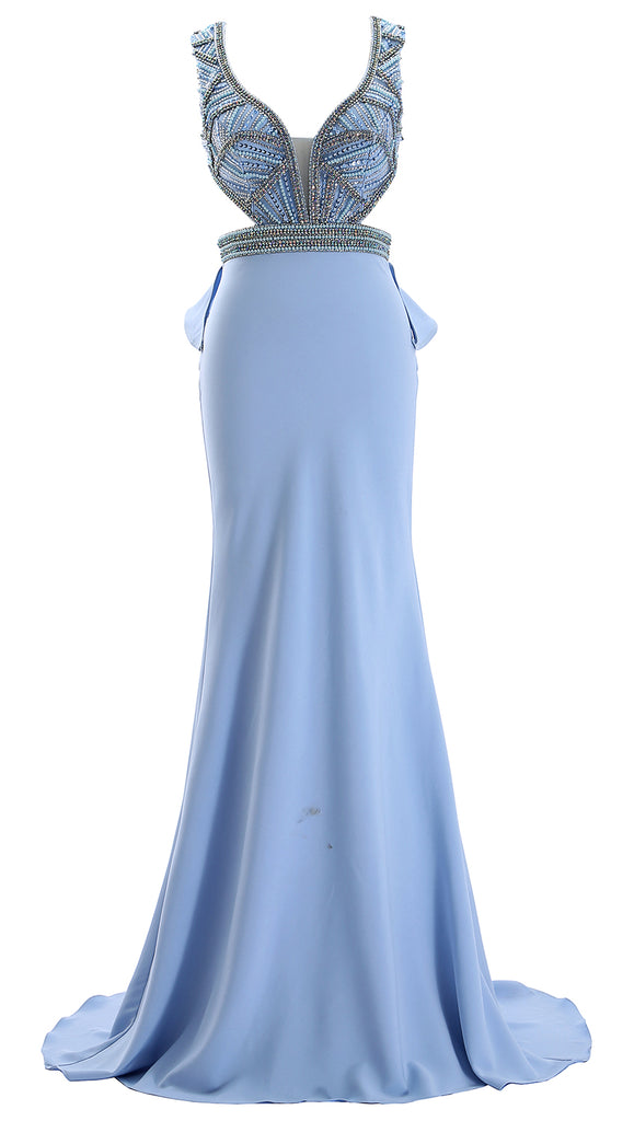 MACloth Women Deep V Neck Long Prom Dress with Cut Out Satin Formal Evening Gown